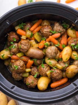 Meatball pot roast in a crockpot.