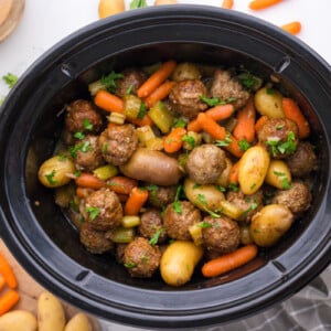 Meatball pot roast in a crockpot.