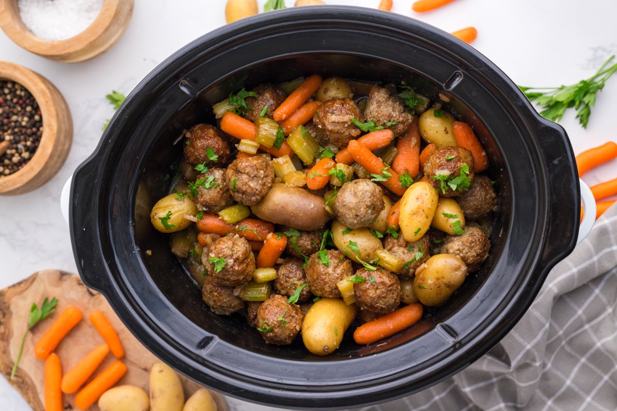 Meatball pot roast in a crockpot.