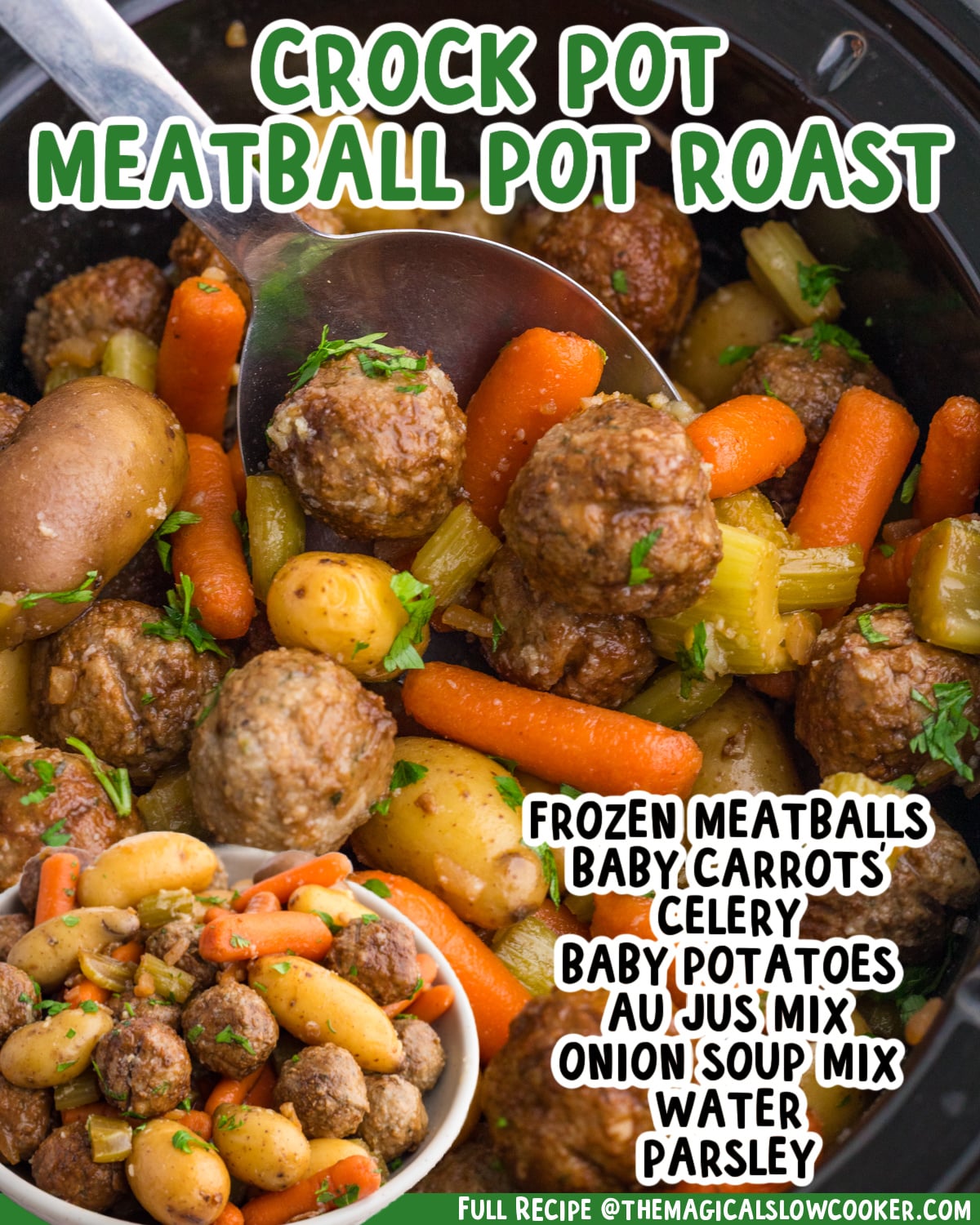 Two images of meatball pot roast with text list of ingredients.