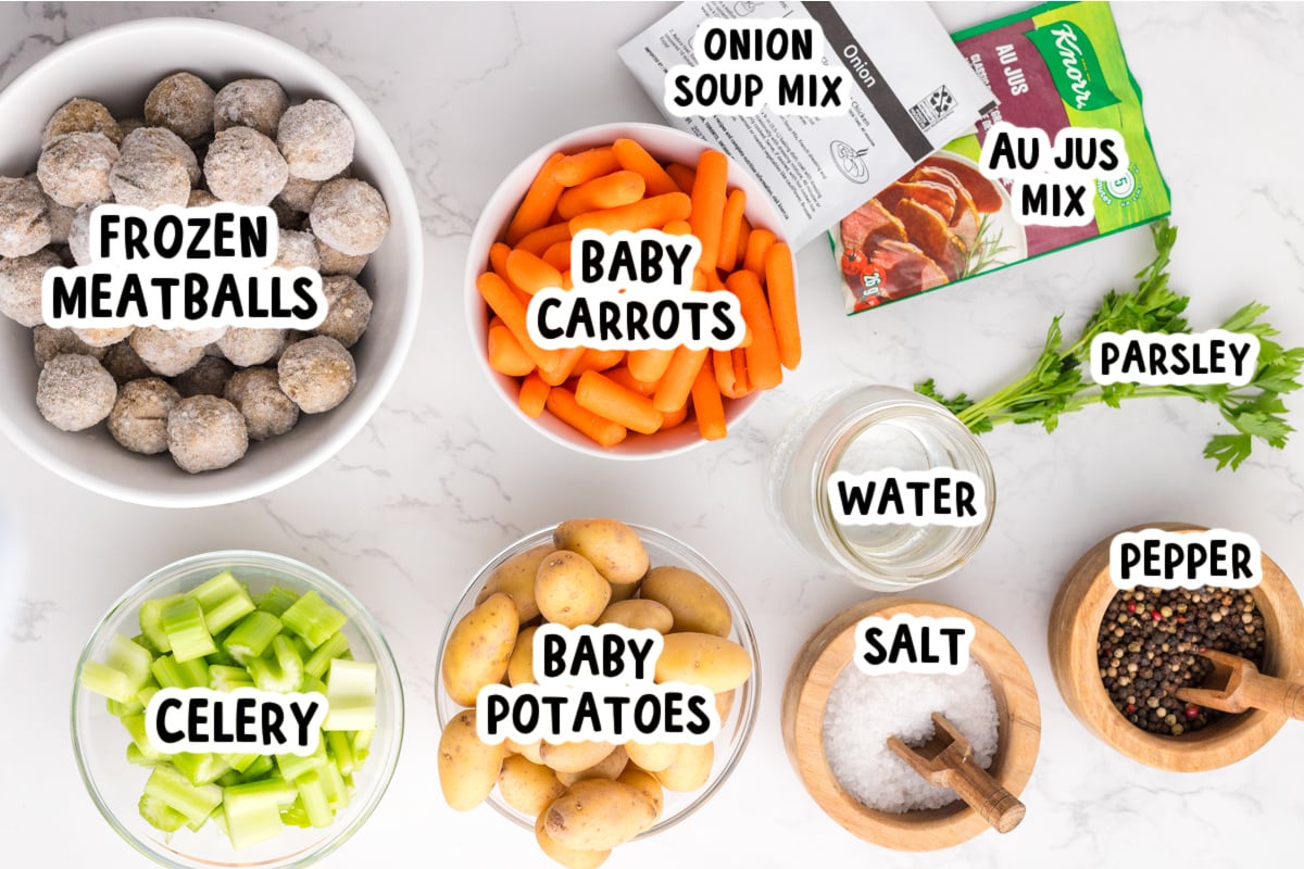 Ingredients for meatball pot roast on a table.