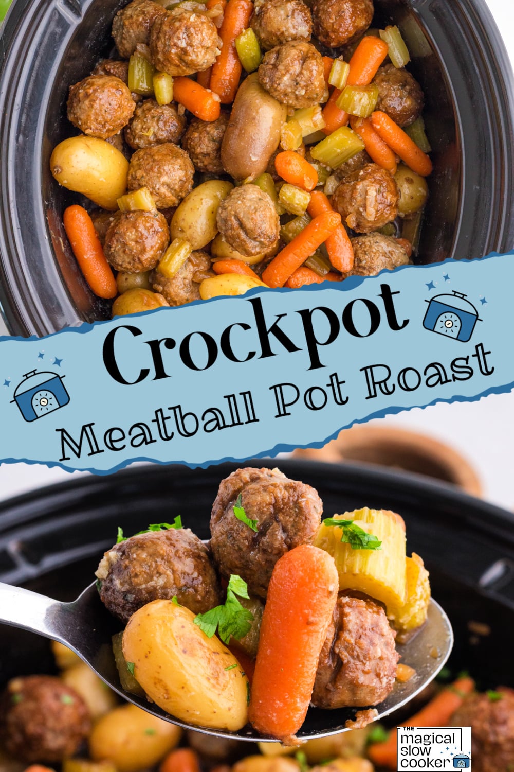 Two images of crockpot meatball pot roast with title text overlay.