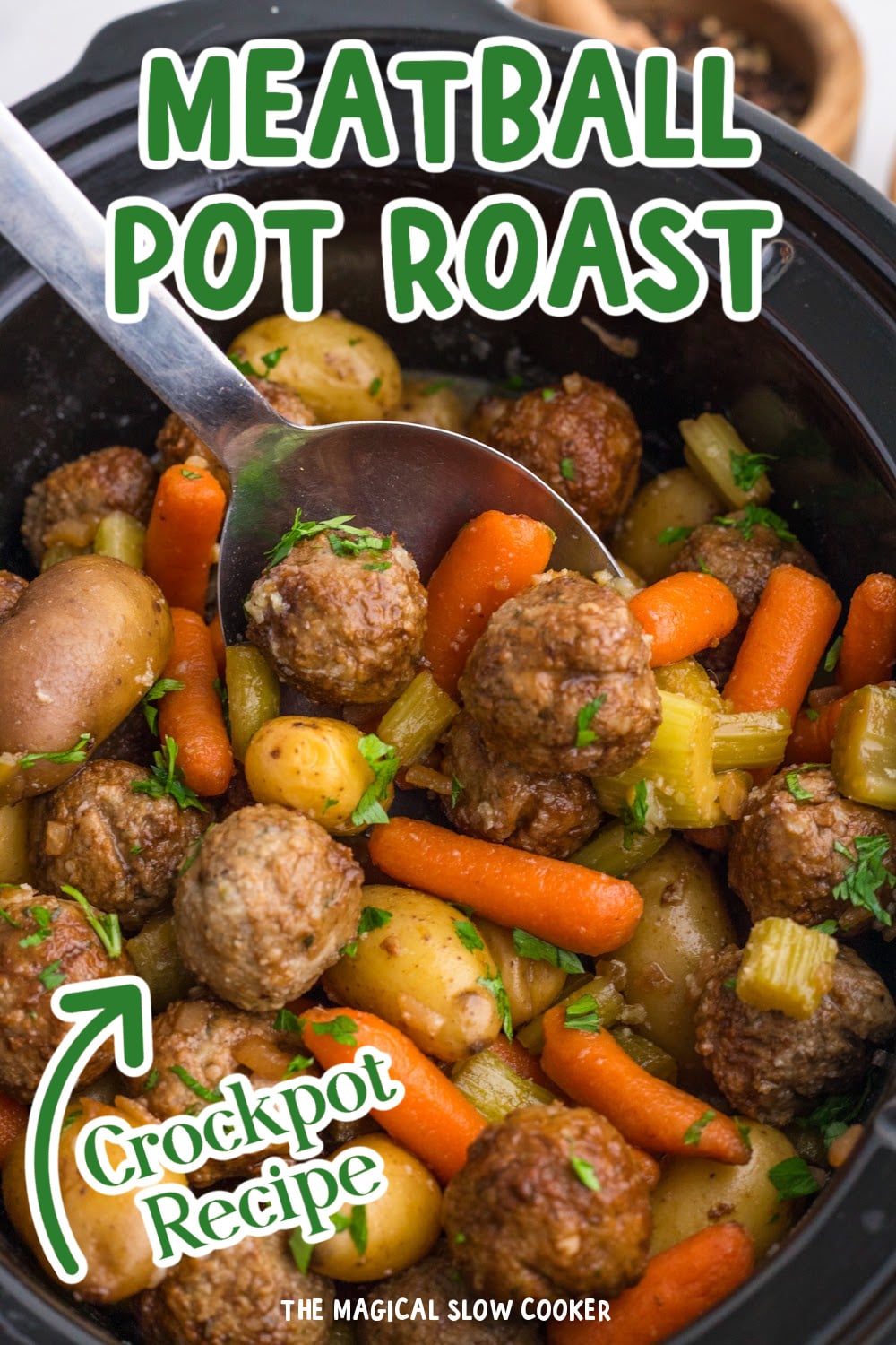 Long image of meatball pot roast with text overlay.