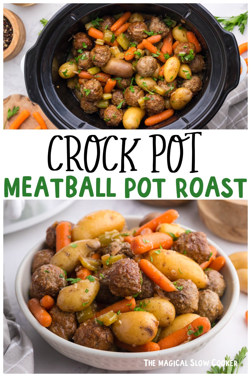 Three images of meatball pot roast for pinterest.