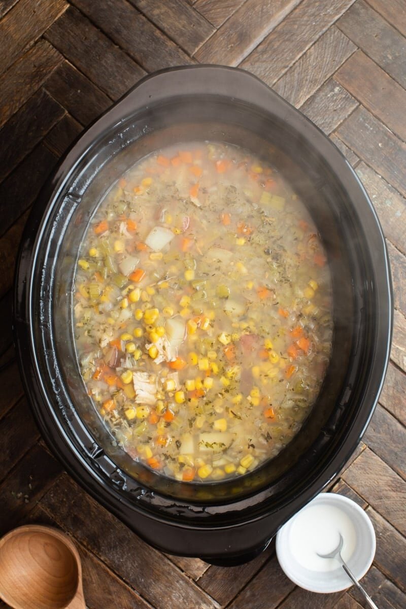 turkey chowder in slow cooker before cream is added.
