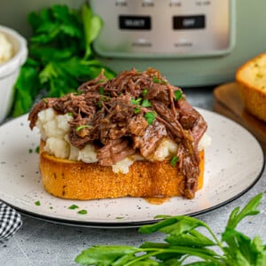 A serving of beef manhattan on a plate in front of a crockpot.
