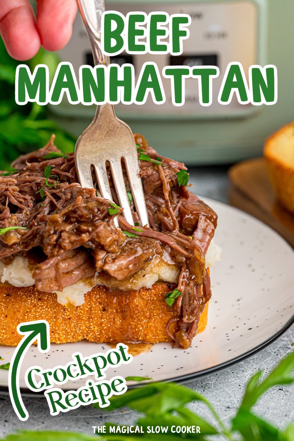 Long image of beef manhattan with text overlay.