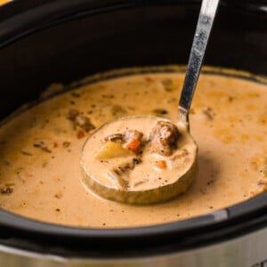 A crockpot of soup with a ladle scooping some out.