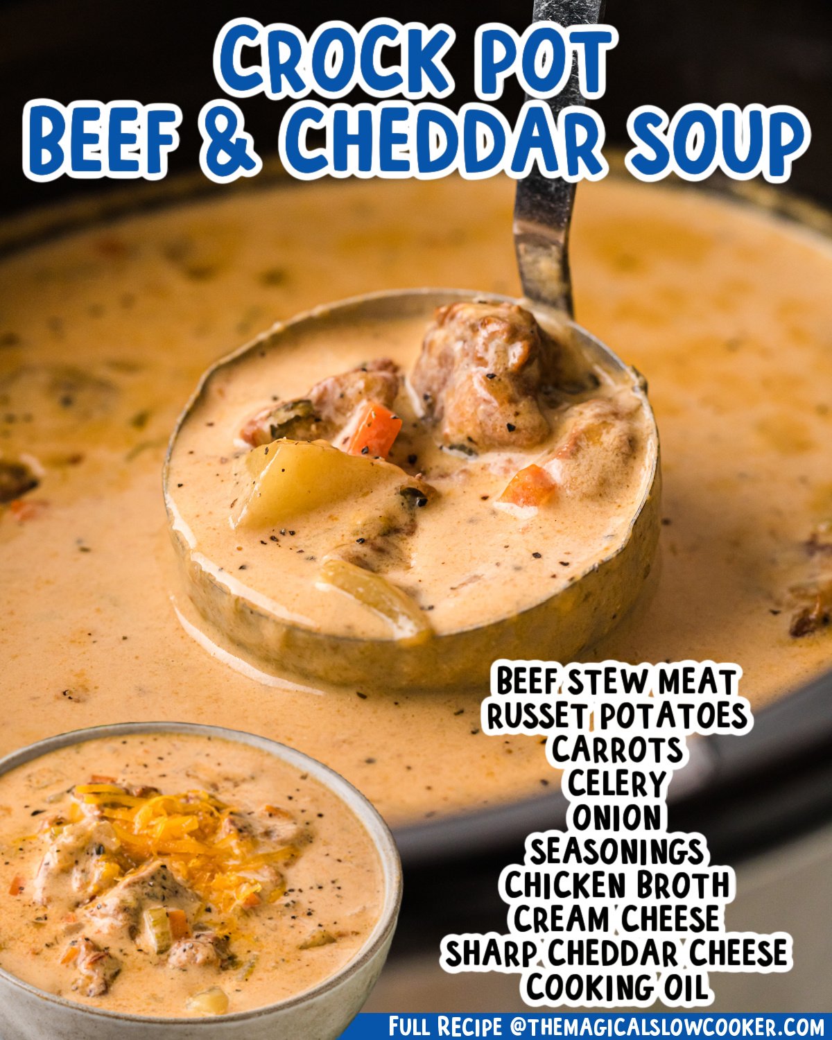 Two images of beef and cheddar soup with text list of ingredients.