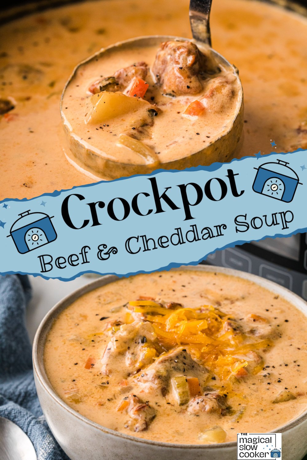 Two images of crockpot beef and cheddar soup with title text overlay.