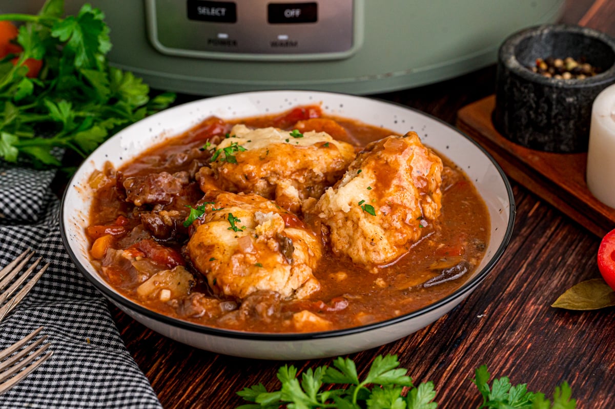 A bowl of beef stew with dumplings on top in front of a crockpot.