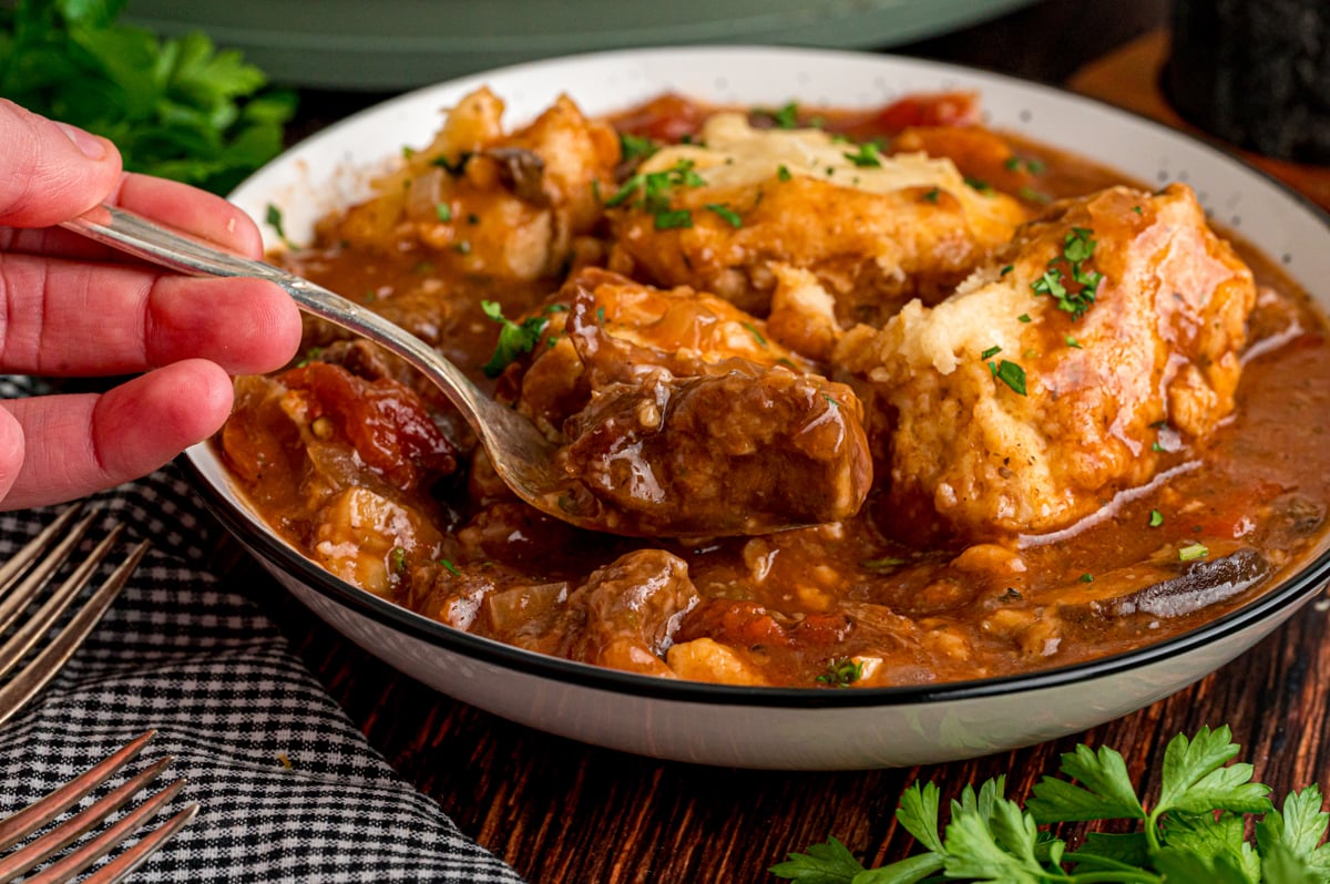 A hand holding a spoonful of stew being pulled from a bowl.