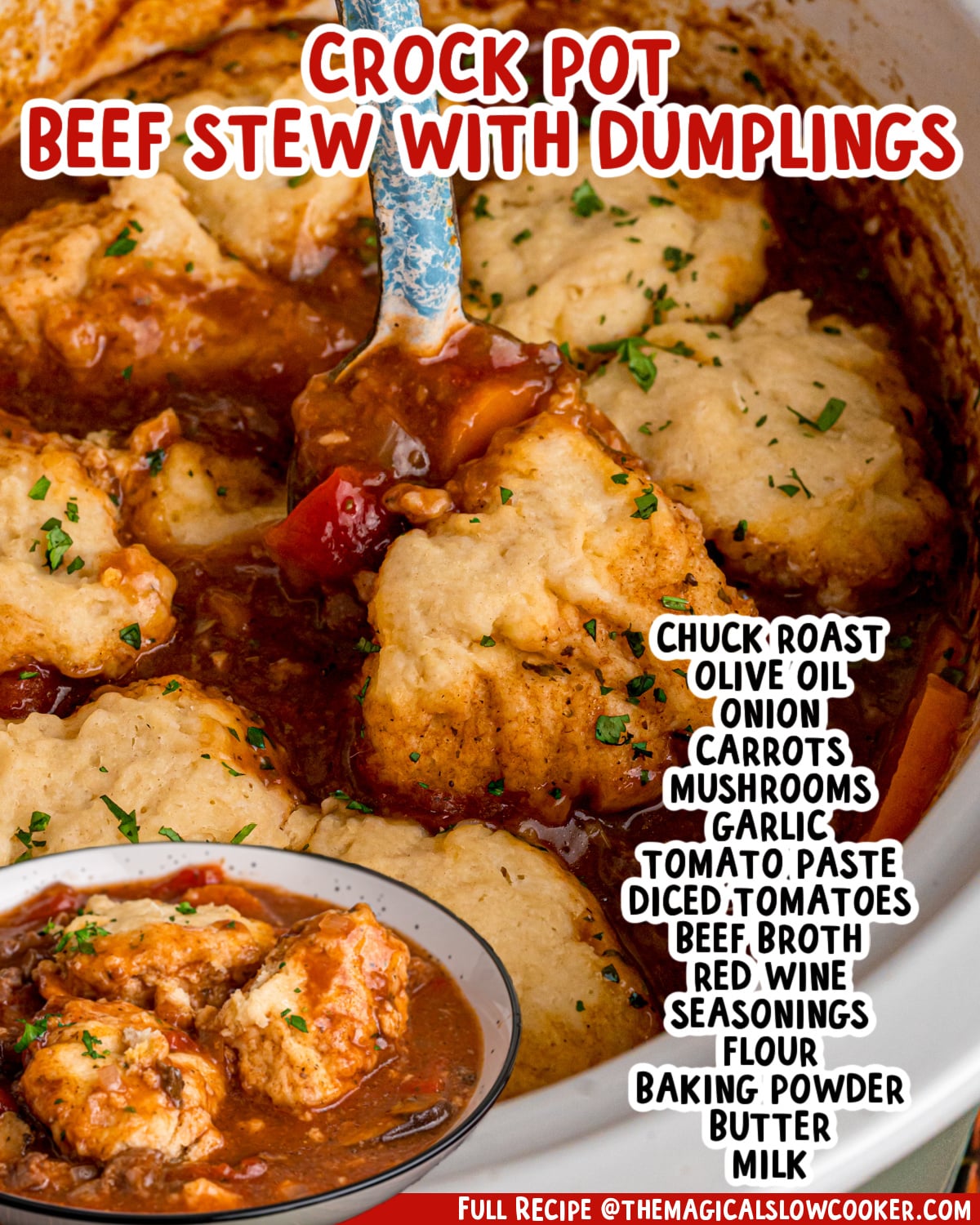 Two images of beef stew with dumplings with text list of ingredients.