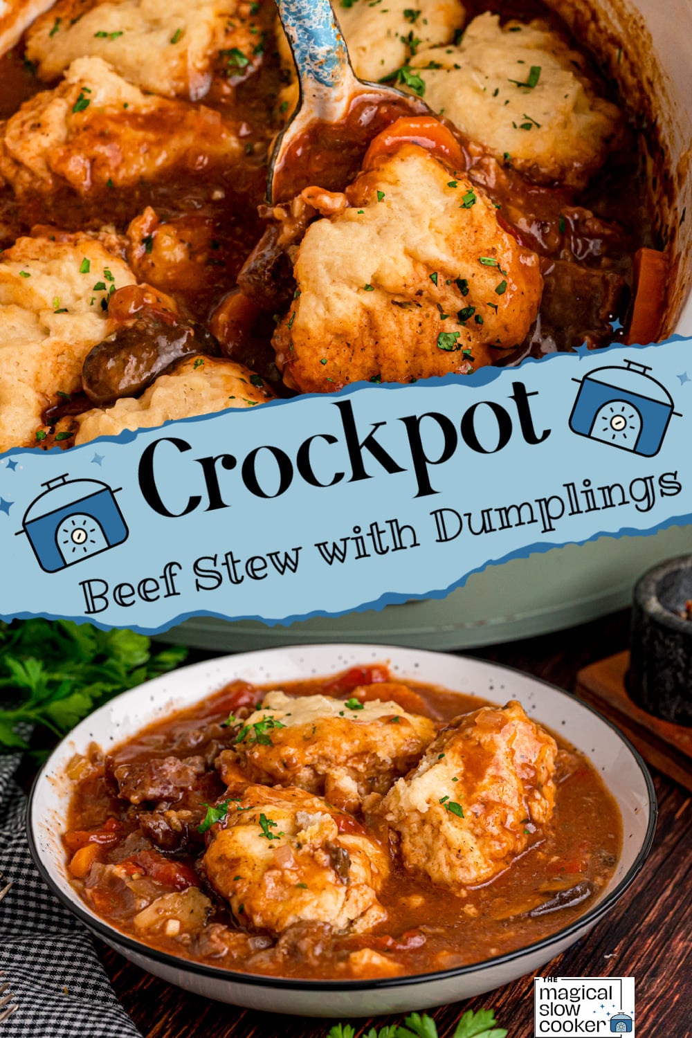 Two images of crockpot beef stew with dumplings with title text overlay.