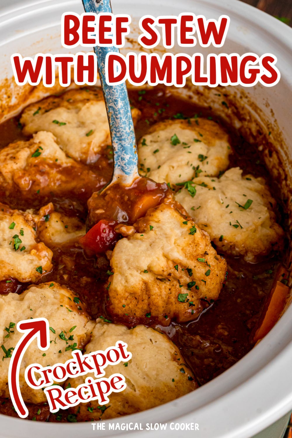 Long image of beef stew with dumplings with text overlay.