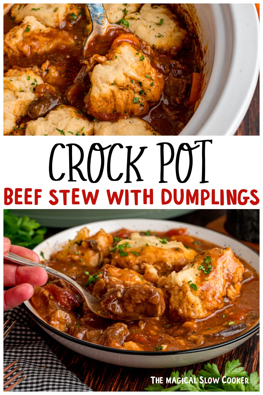 Two images of crockpot beef stew with dumplings for pinterest.