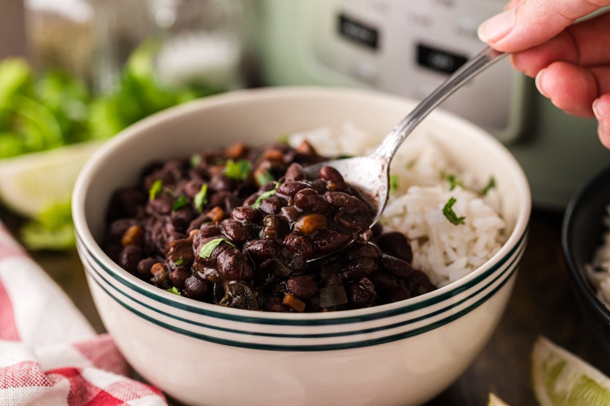 A spoonful of beans over a bowl of black beans and rice.