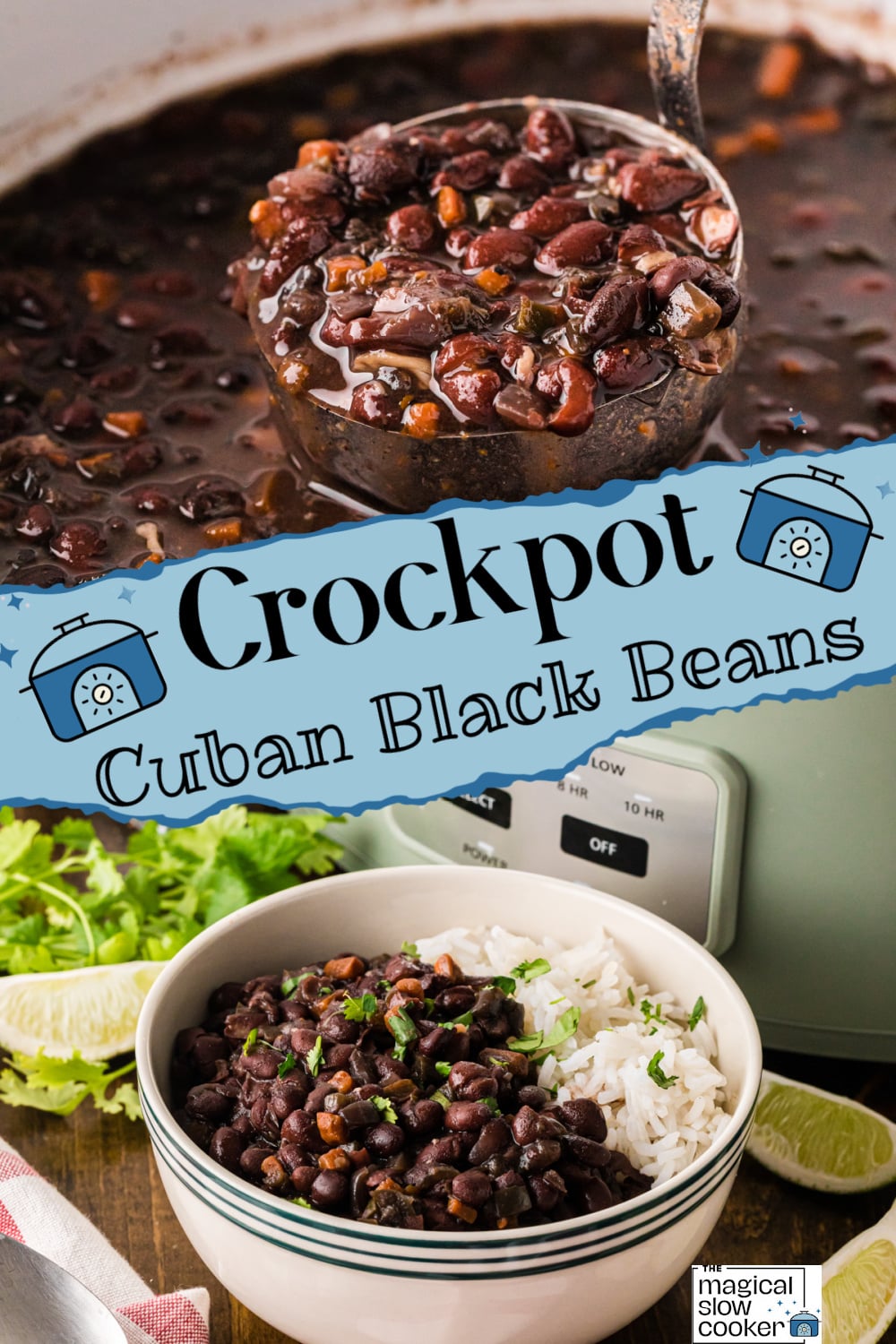 Two images of crockpot cuban black beans with title text overlay.
