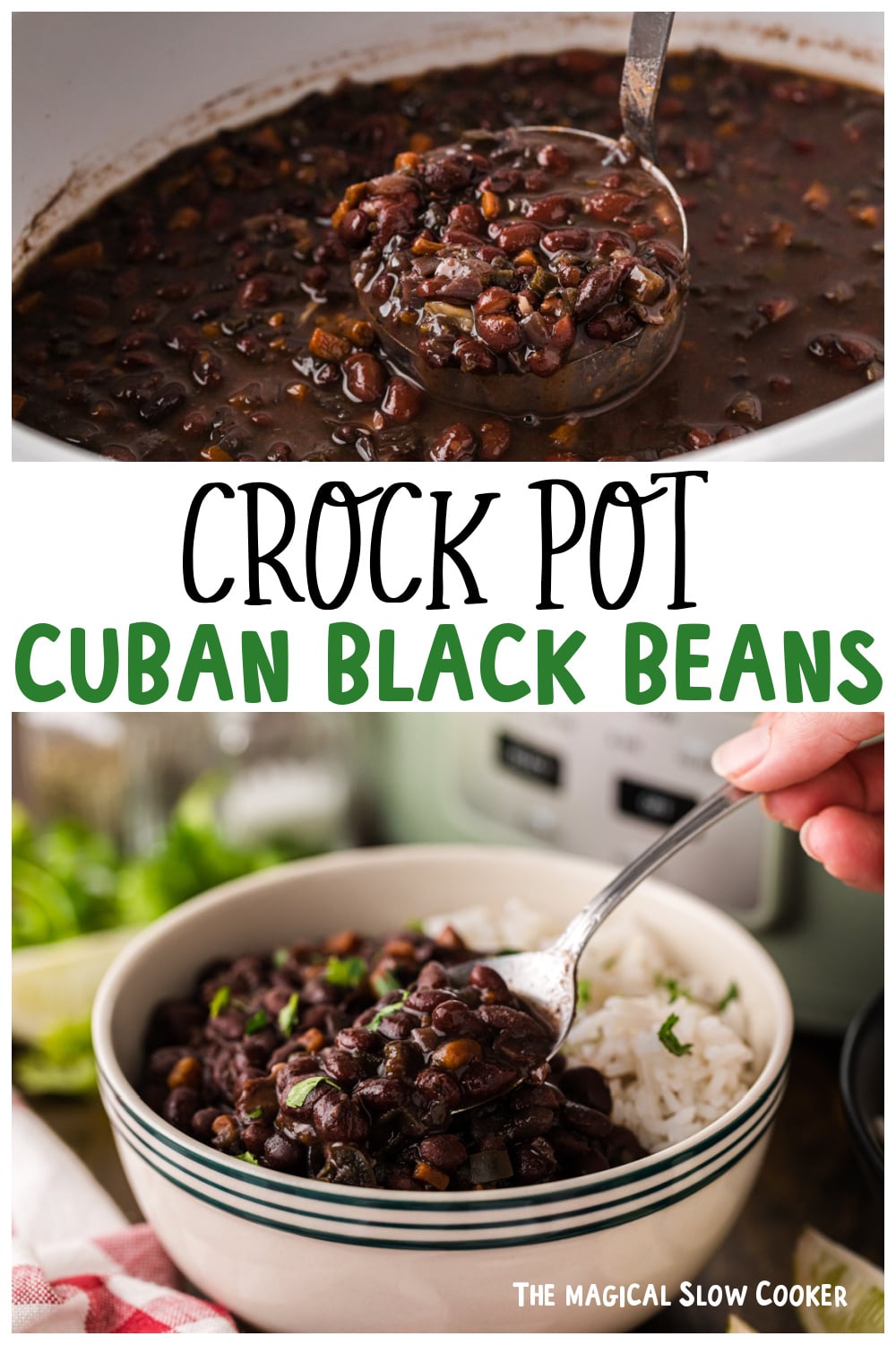 Two images of cuban black beans for pinterest.