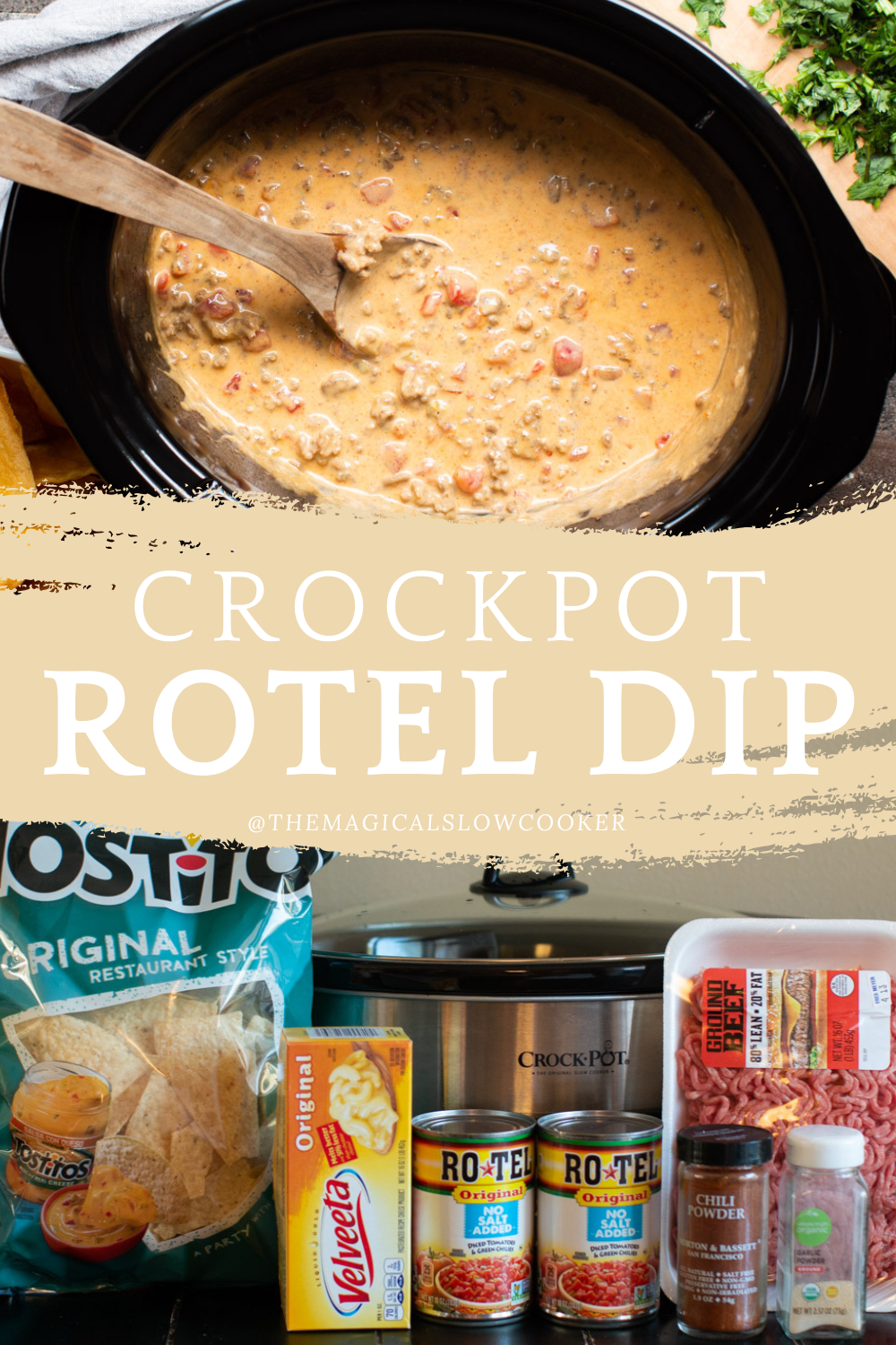 rotel dip in a slow cooker and ingredients on counter.