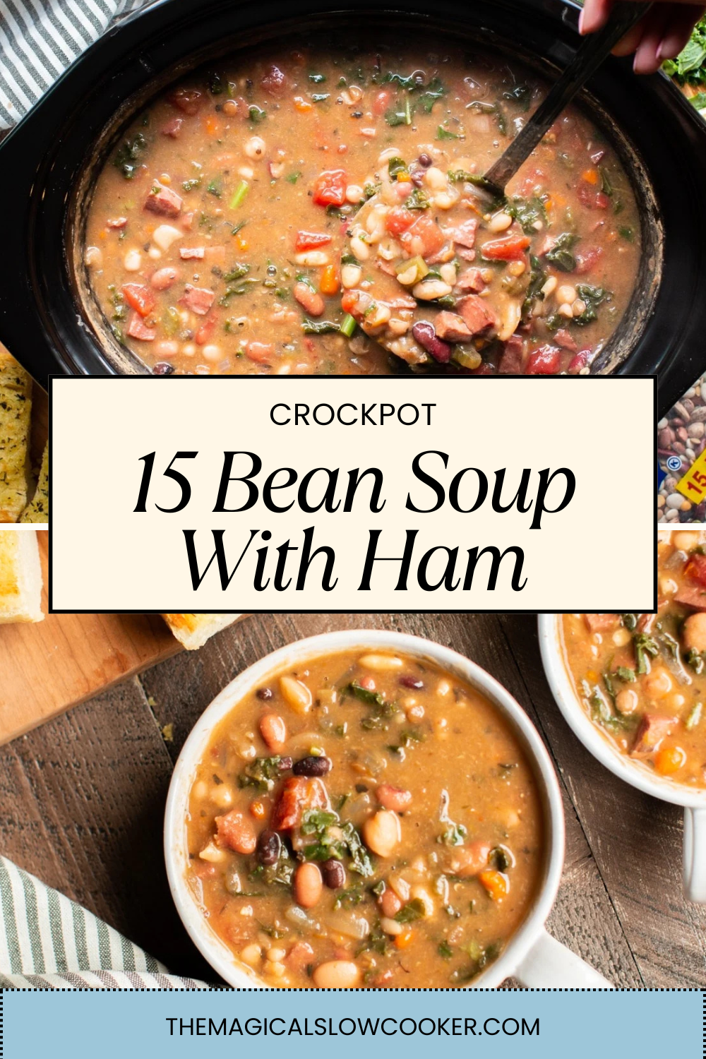 2 images of 15 bean soup, one in slow cooker and in bowl.