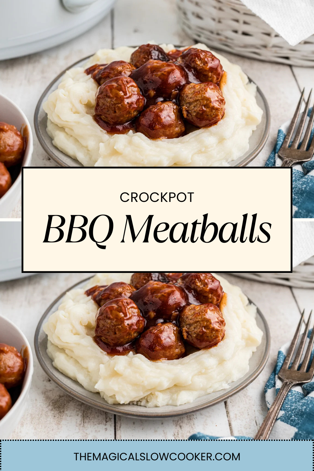 2 images of bbq meatballs with text overlay.