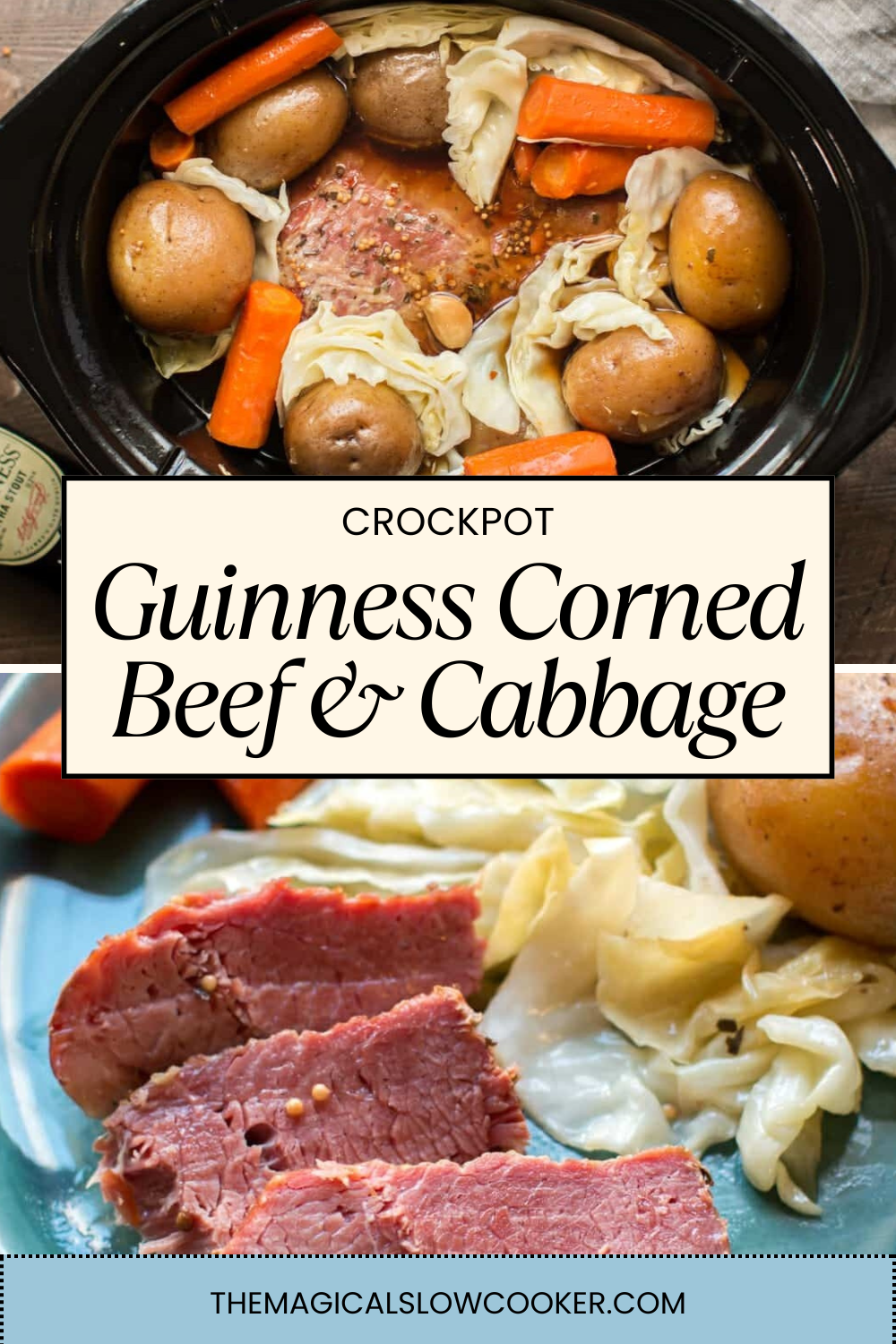 Guinness corned beef in a slow cooker and on a plate.