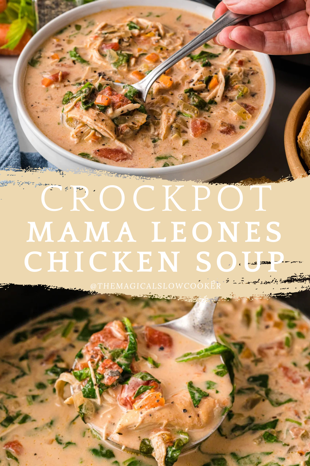 Mama leone's soup in a slow cooker and in a bowl.