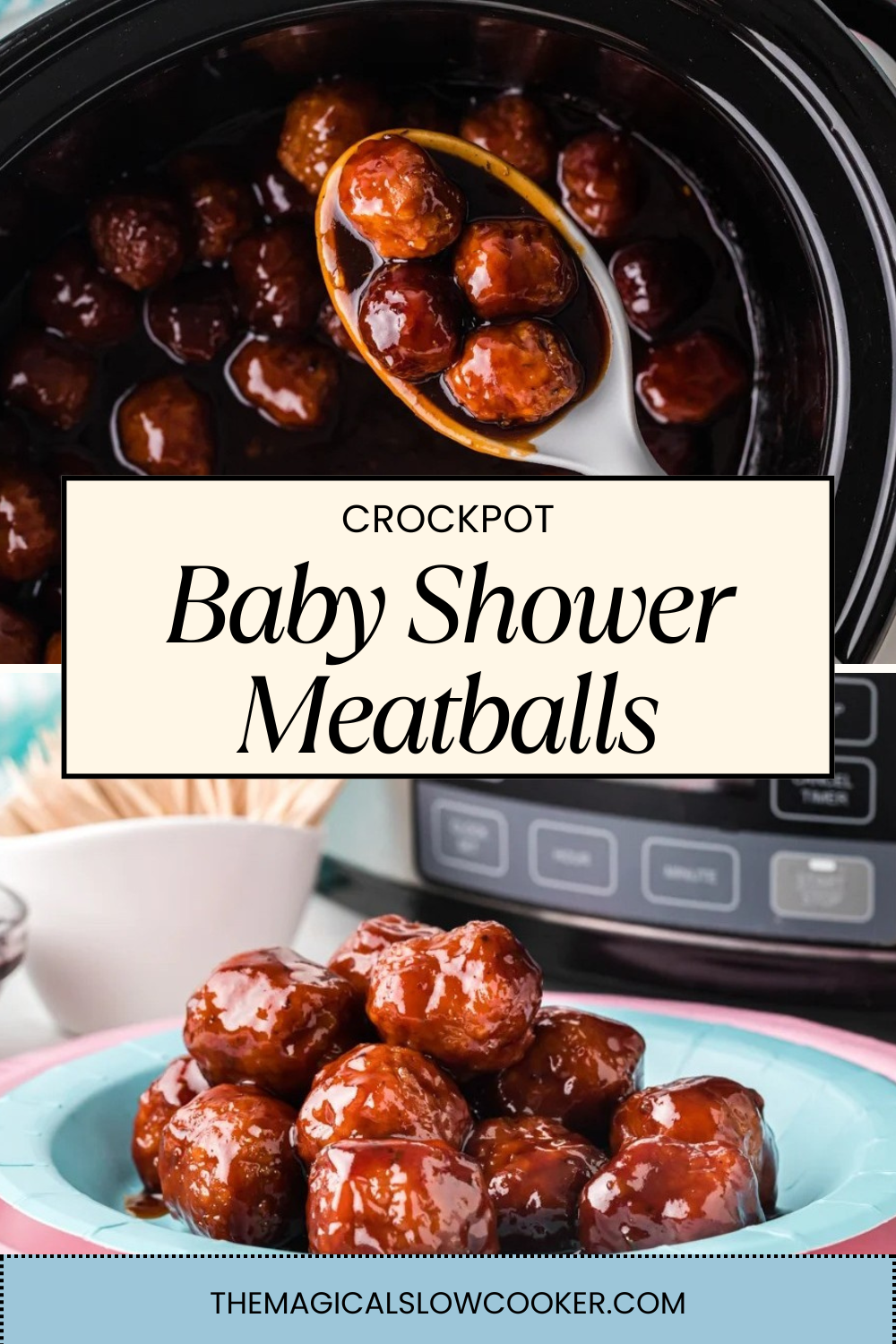 baby shower meatballs in a slow cooker and on a plate.