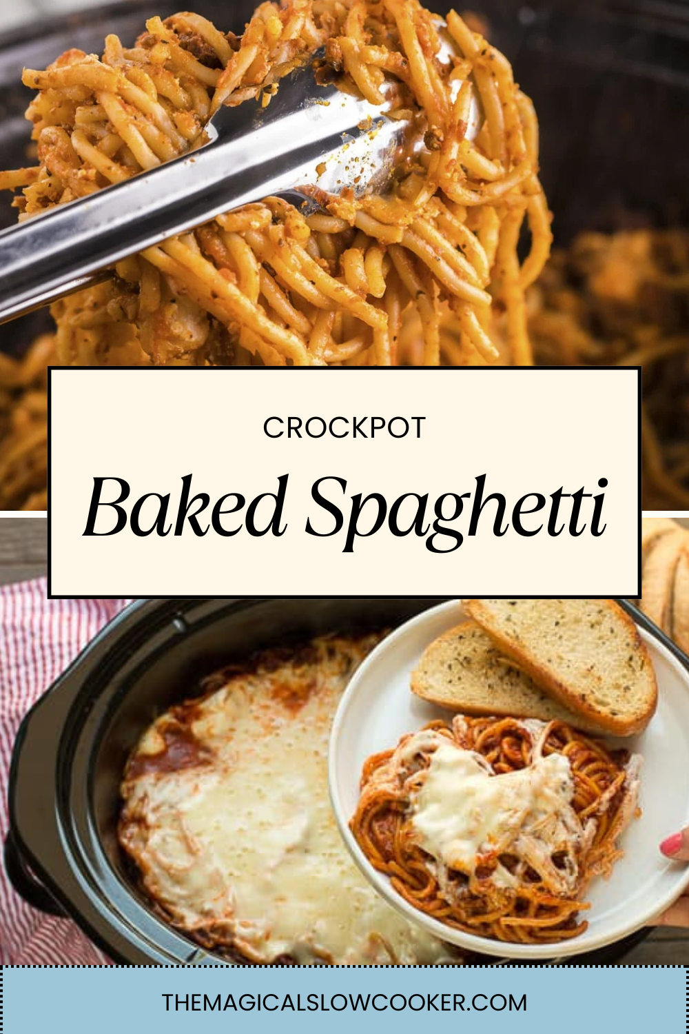 baked spaghetti on tongs and on a plate.