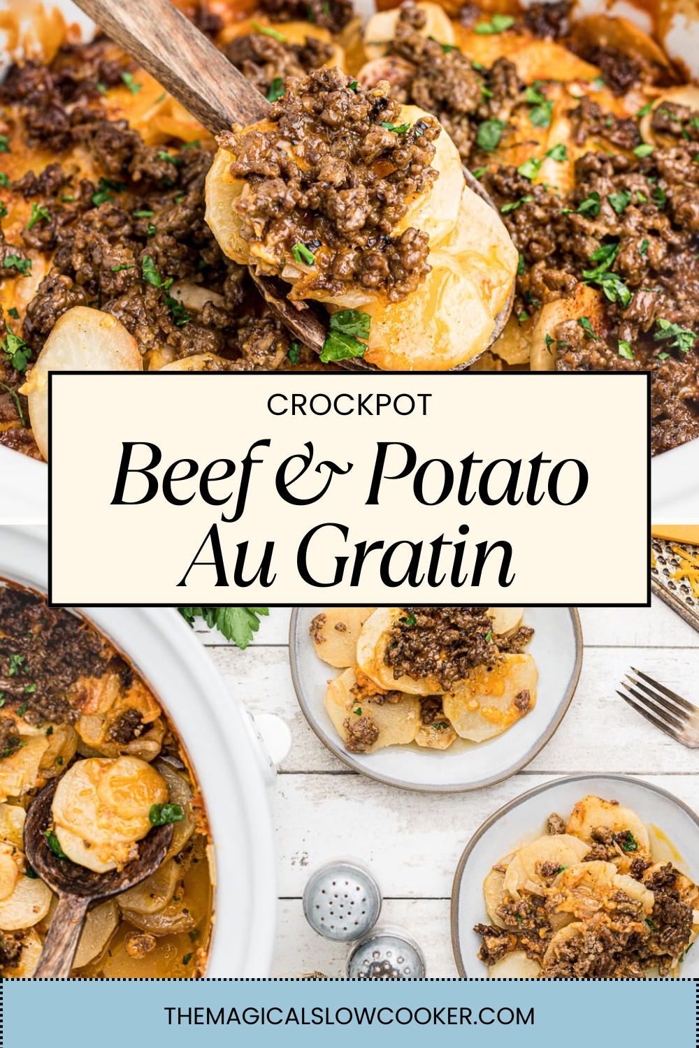 beef and potato au gratin in a slow cooker and a plate.