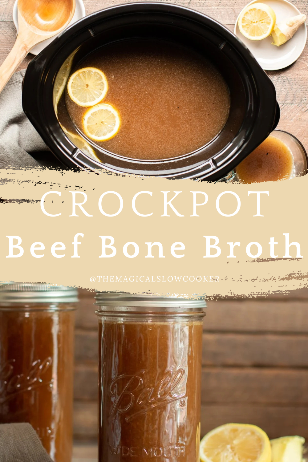 bone broth in a slow cooker and in jars.