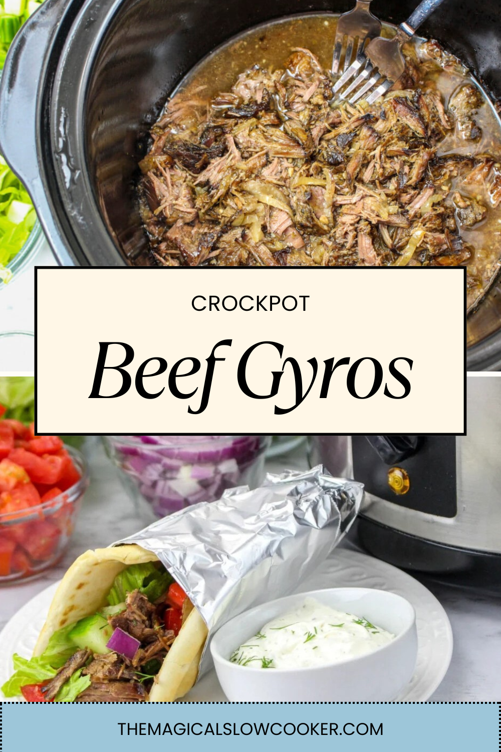 beef gyros in a slow cooker and on a plate.
