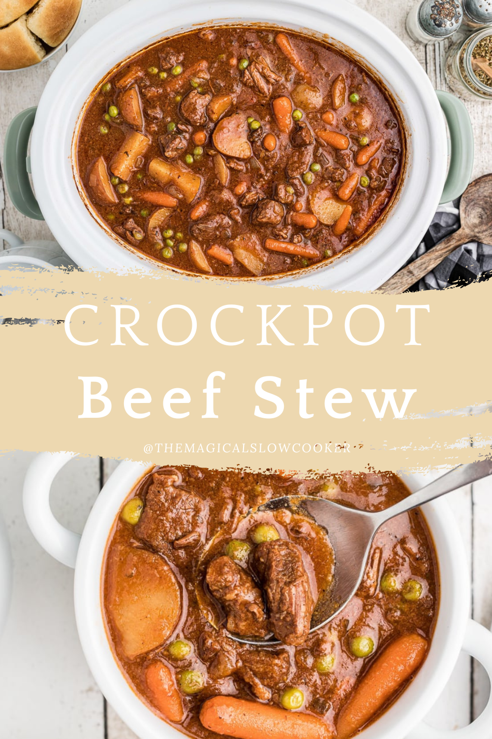 Beef stew in a slow cooker and in a white bowl.