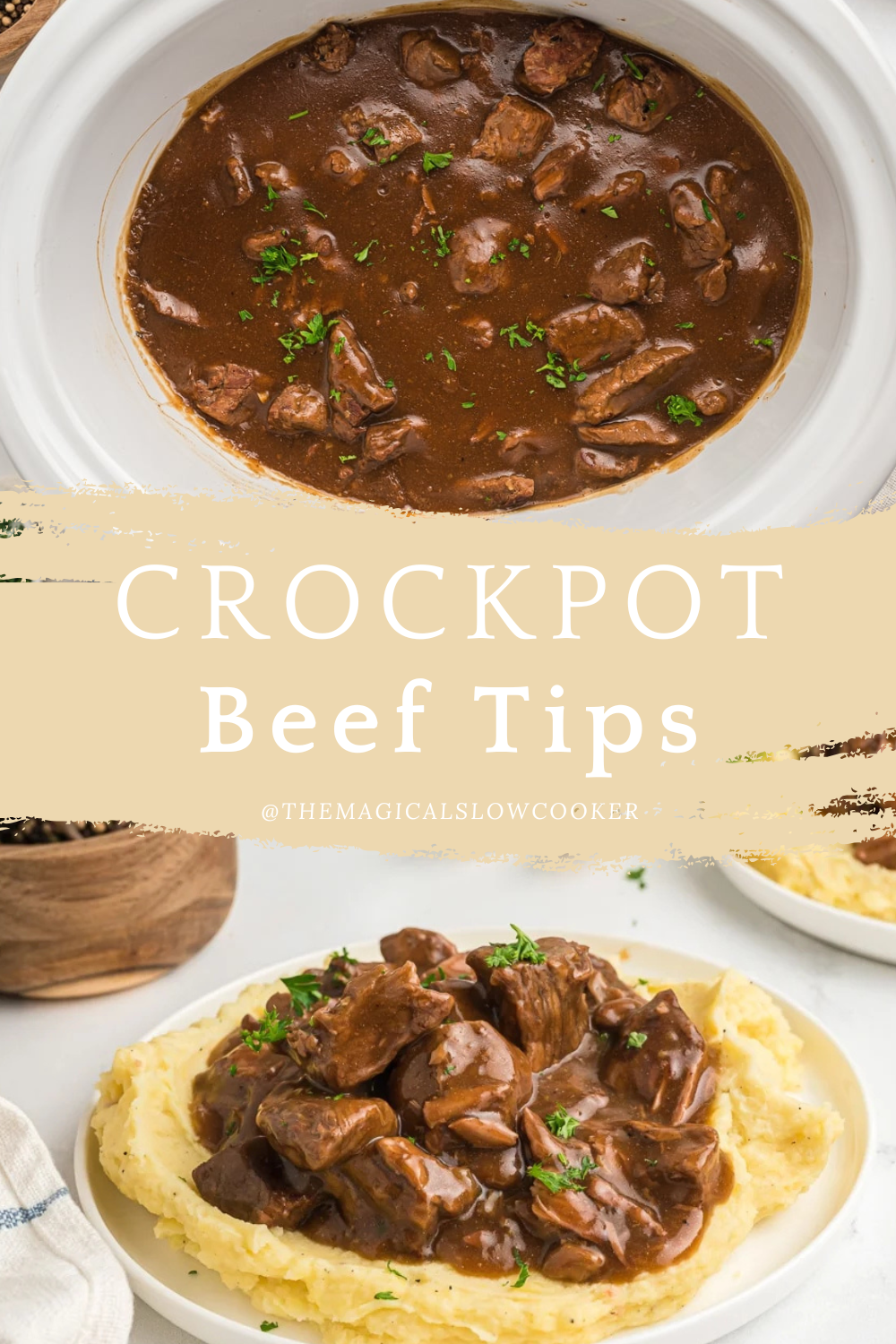 beef tips in a slow cooker and on a plate.