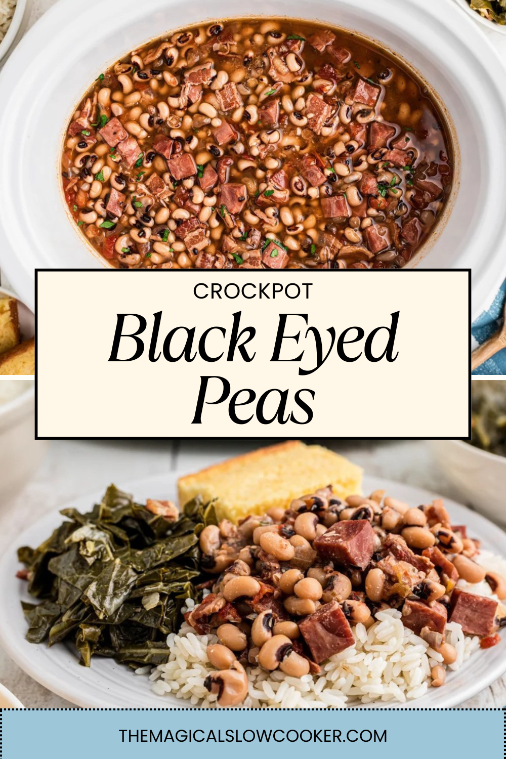 black eyed peas in a slow cooker and on a plate.