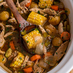 A wooden spoon grabbing some caldo de pollo from a crockpot.