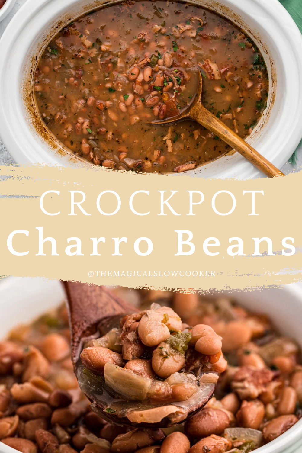 charro beans in a slow cooker and in a bowl.