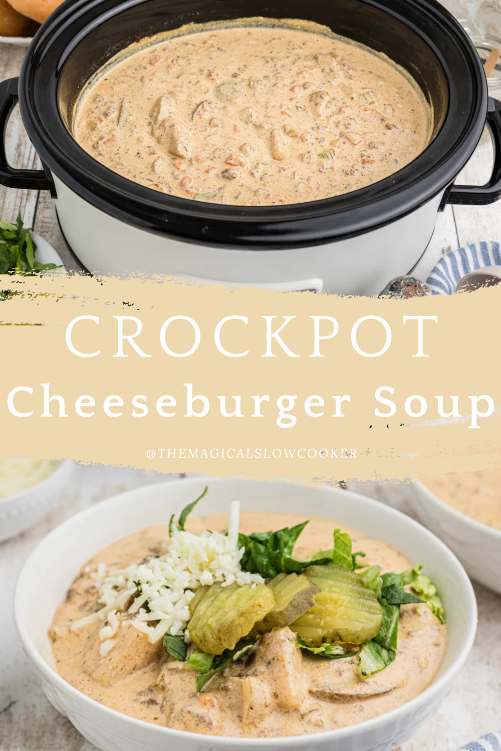 cheeseburger soup in a slow cooker and in a bowl.