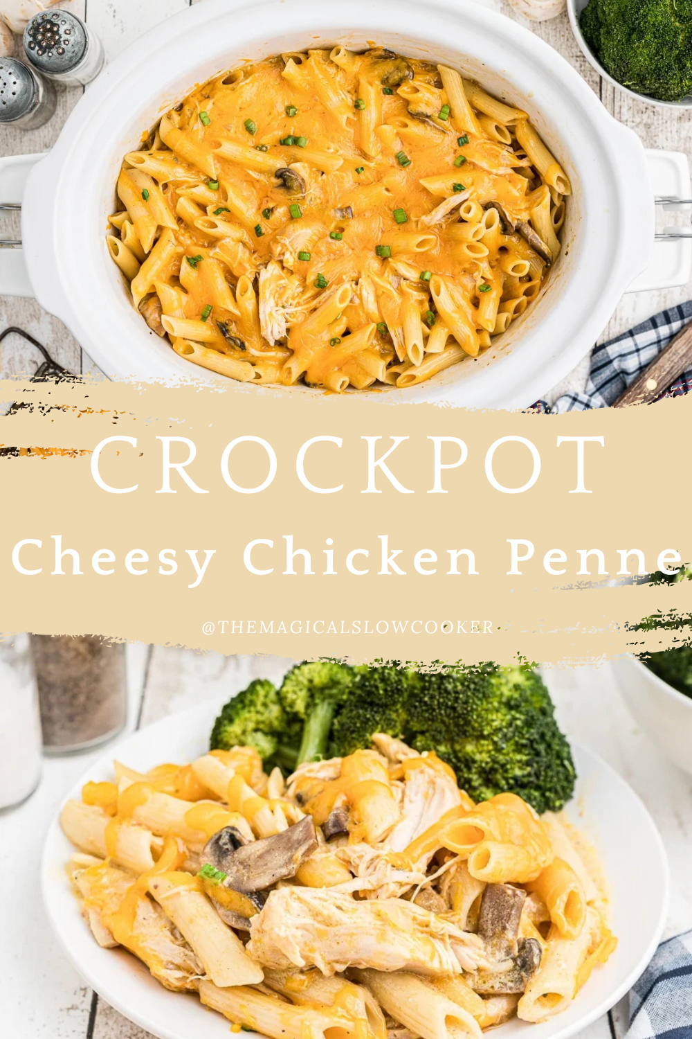 chicken penne in a slow cooker and on a plate.