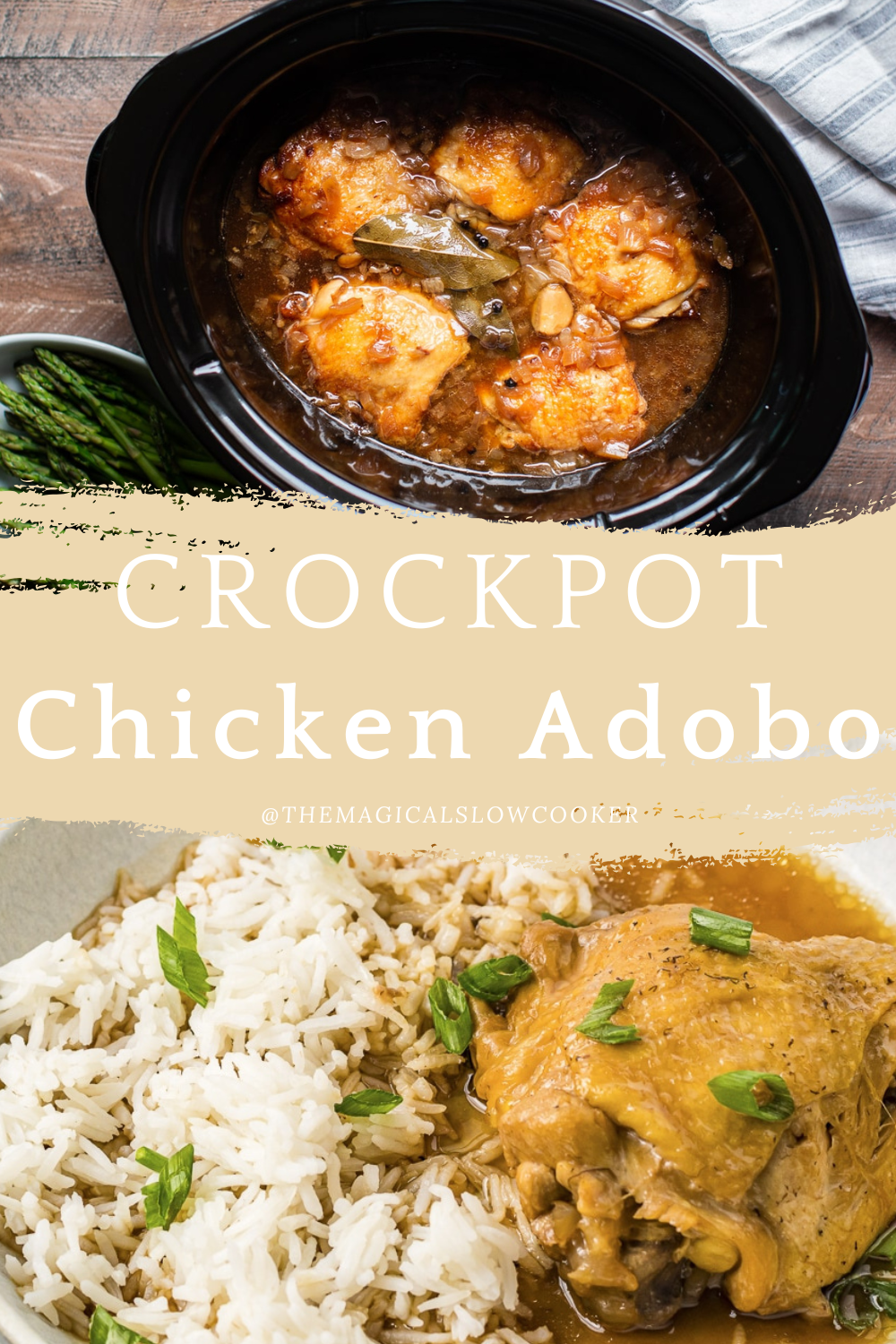 chicken adobo in a slow cooker and with rice on a plate.