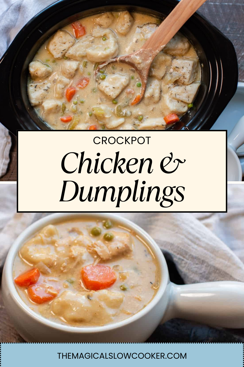 chicken and dumplings in a slow cooker and in a bowl.