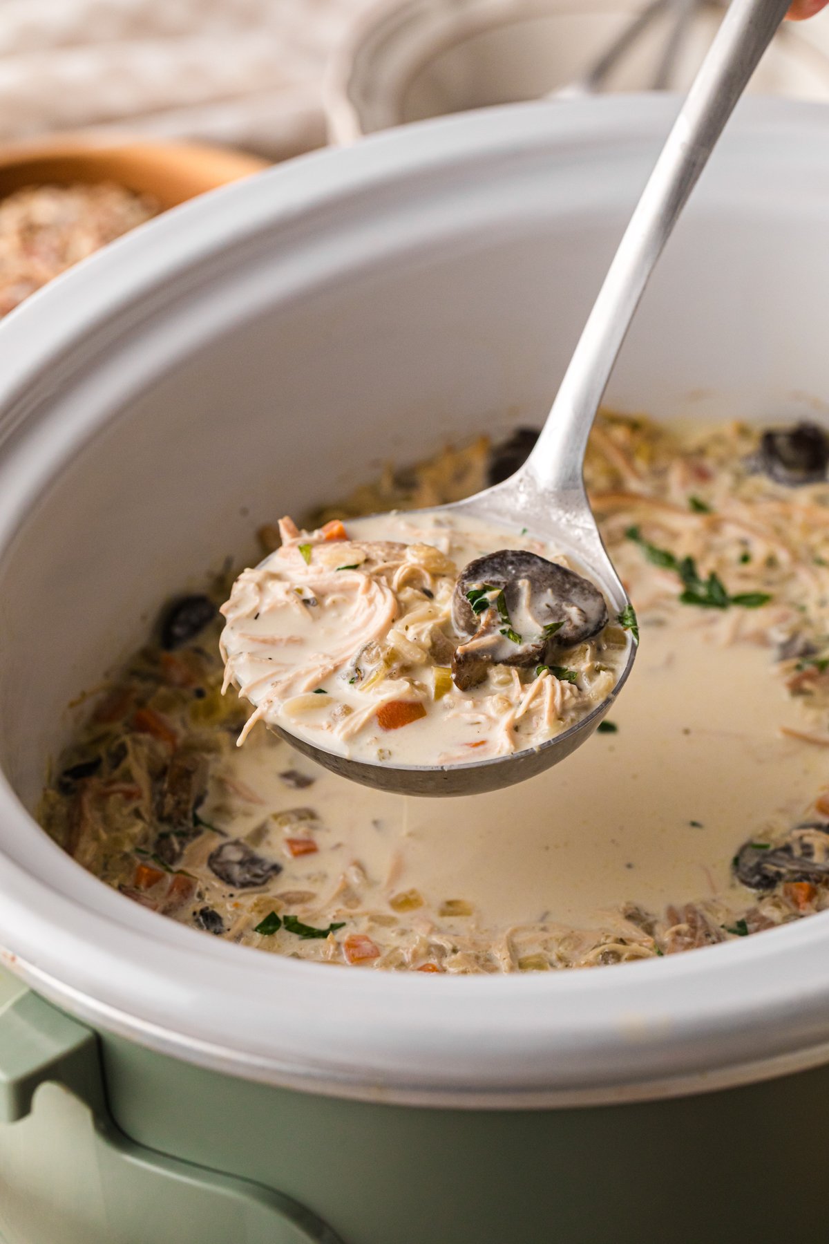 A ladleful of wild rice chicken soup being held over a crockpot.