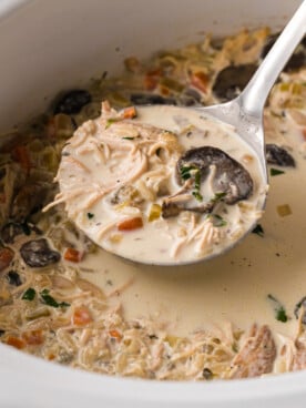 A ladle scooping chicken and wild rice soup out of a crockpot.