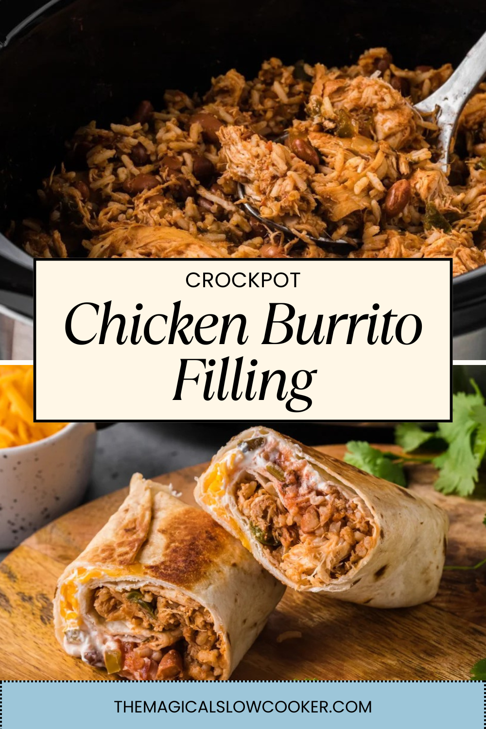 chicken burrito filling in a slow cooker and in a tortilla.