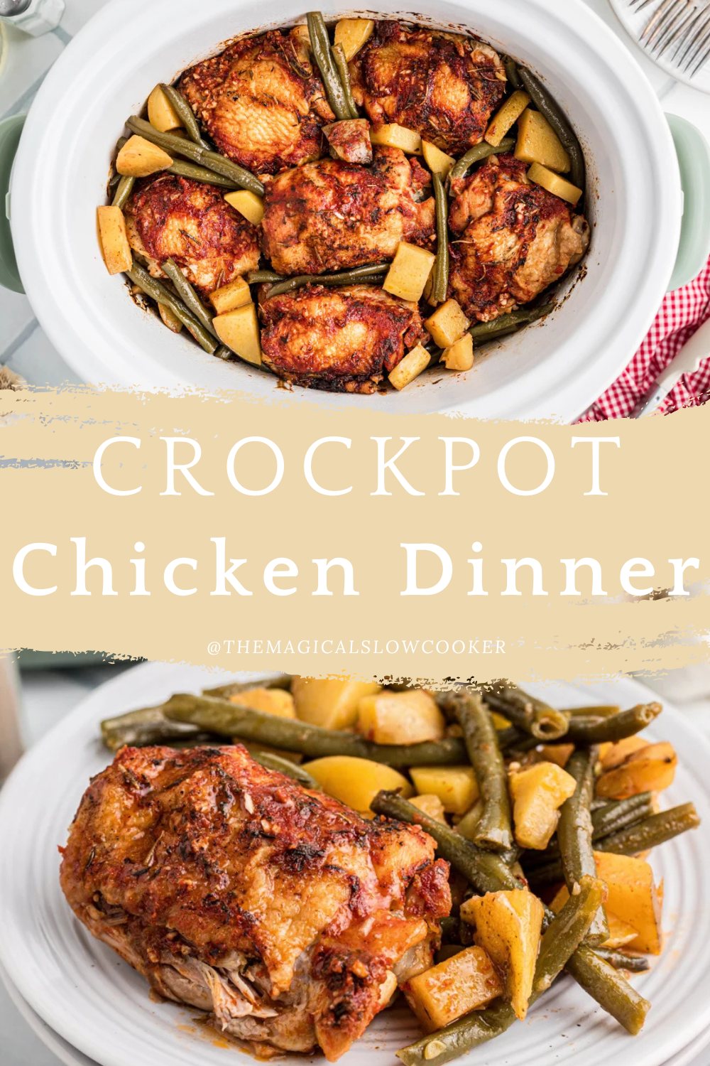 chicken dinner in a slow cooker and on a plate.