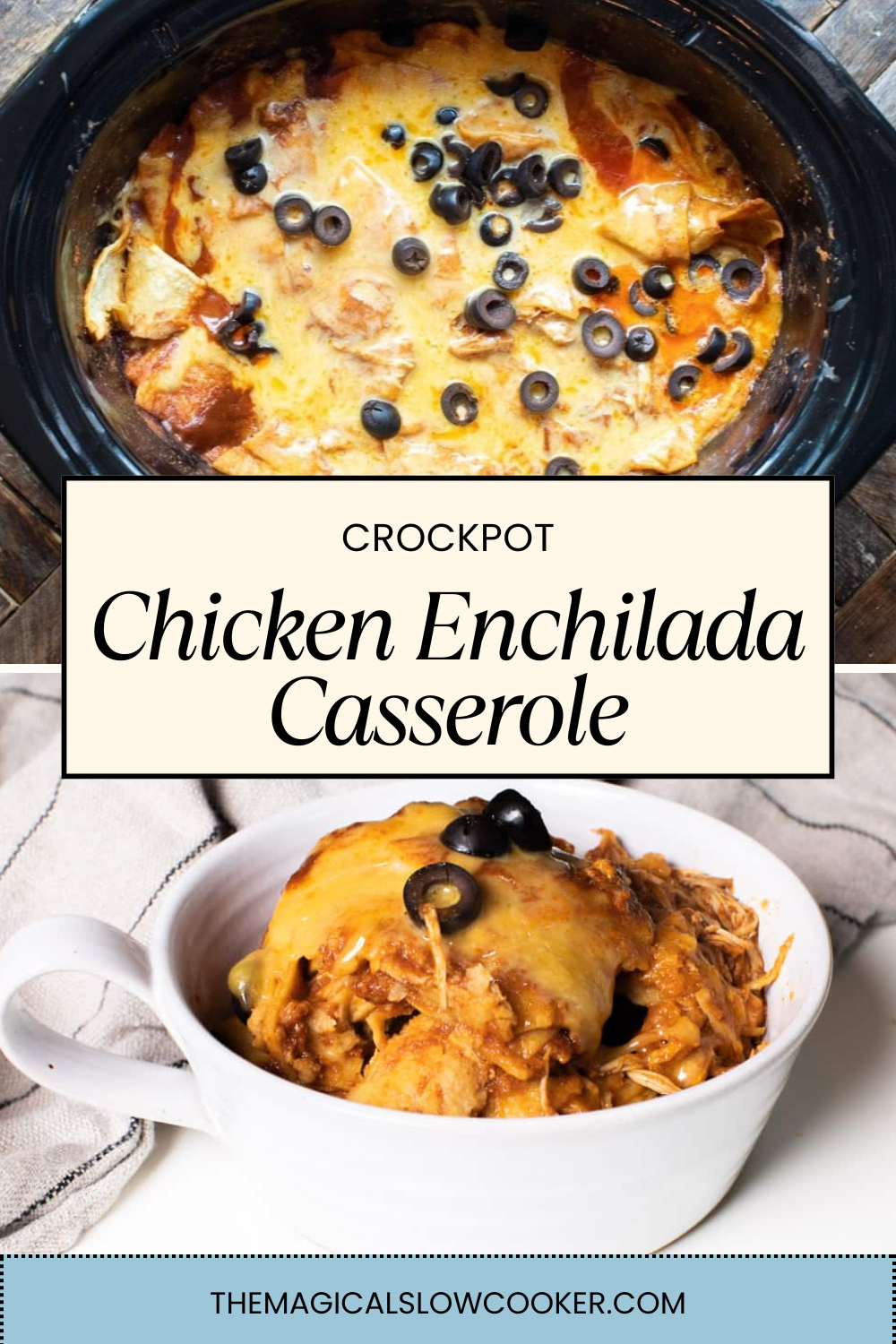 enchilada chicken in a bowl and in a slow cooker.