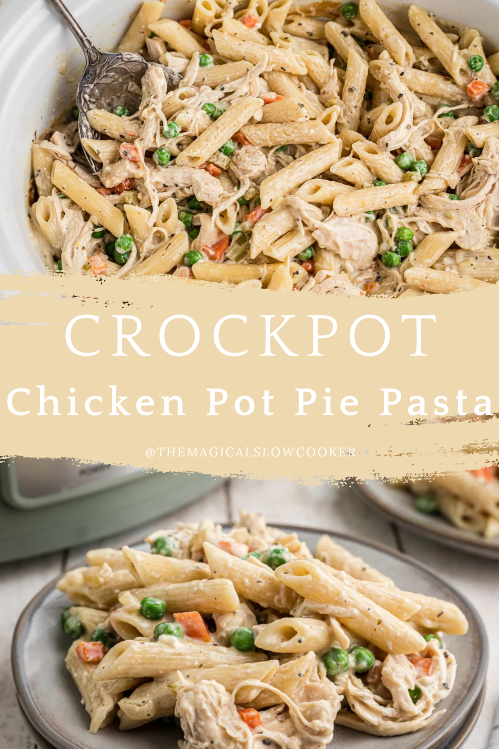 chicken pot pie pasta in a slow cooker and on a plat.e