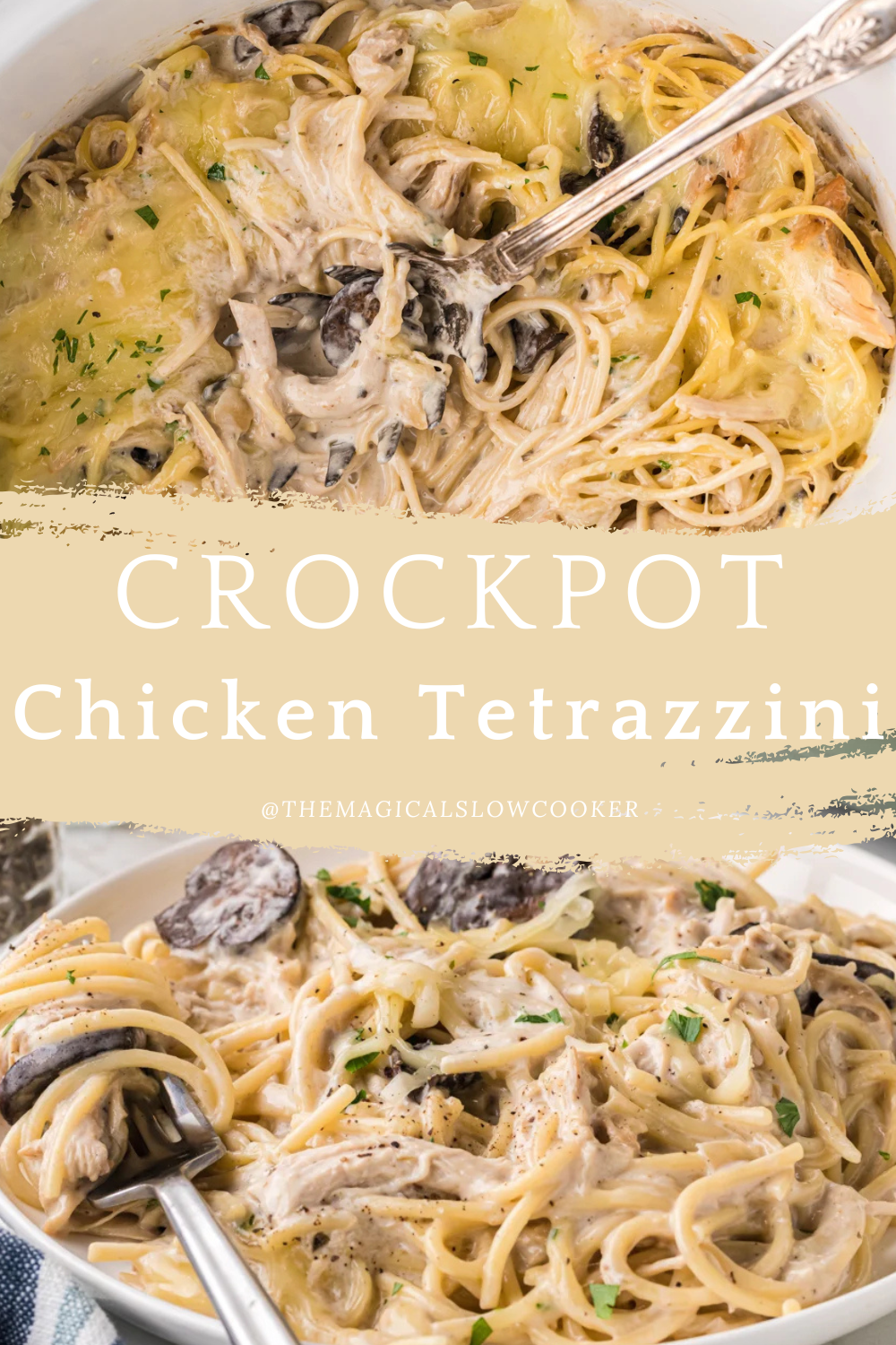 chicken tetrazzini in slow cooker and on a plate.