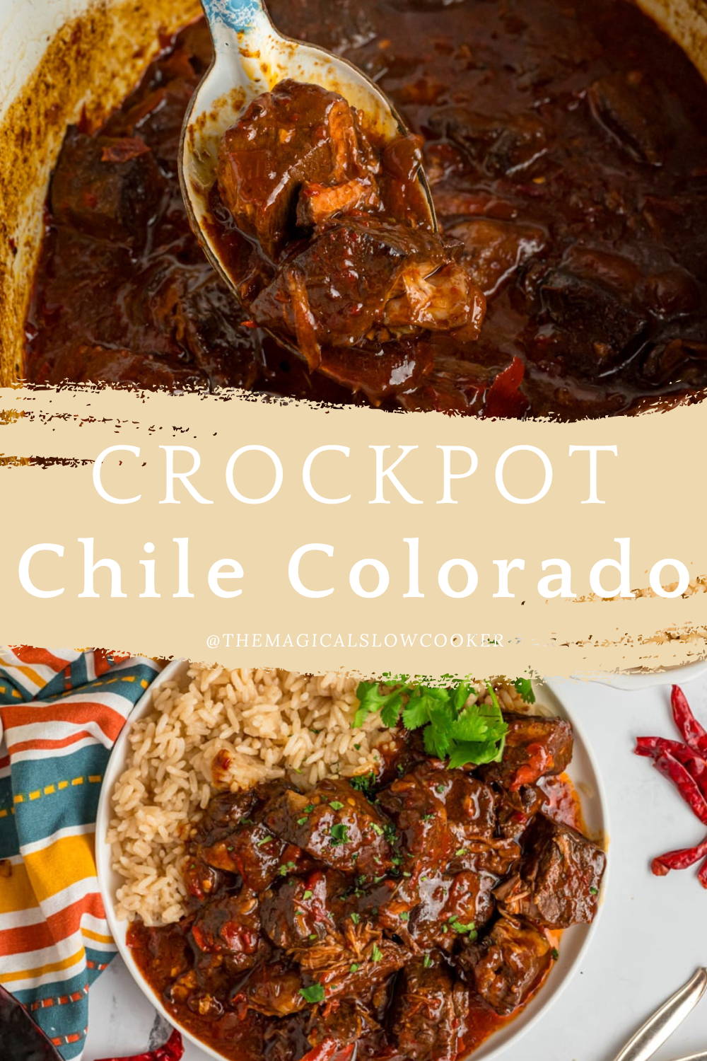 chile colorado on plate and in a slow cooker.